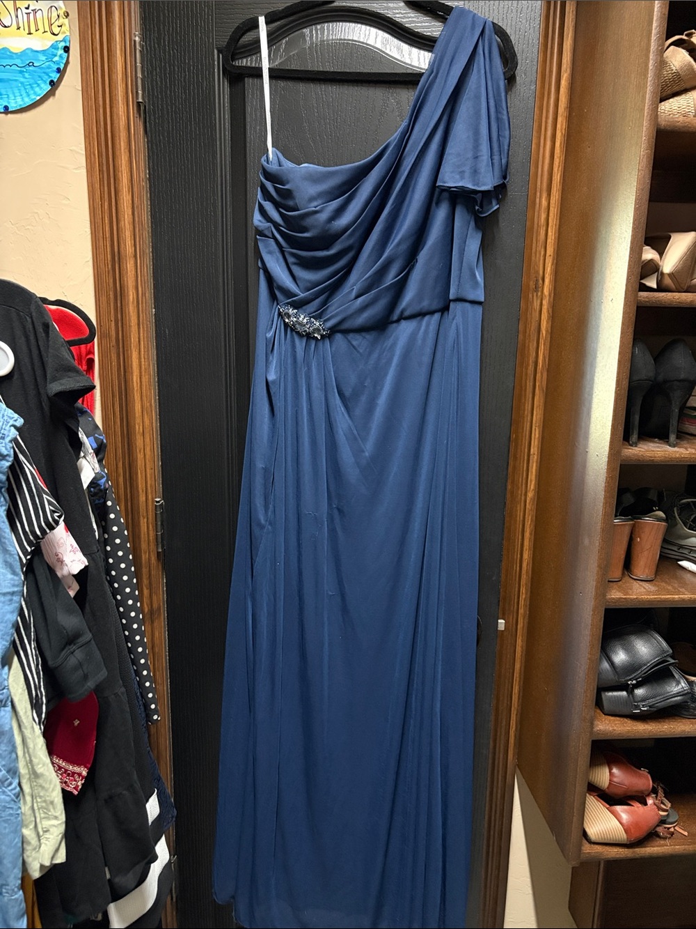 David's Bridal One-Shoulder Navy Gown with Side Embellishment